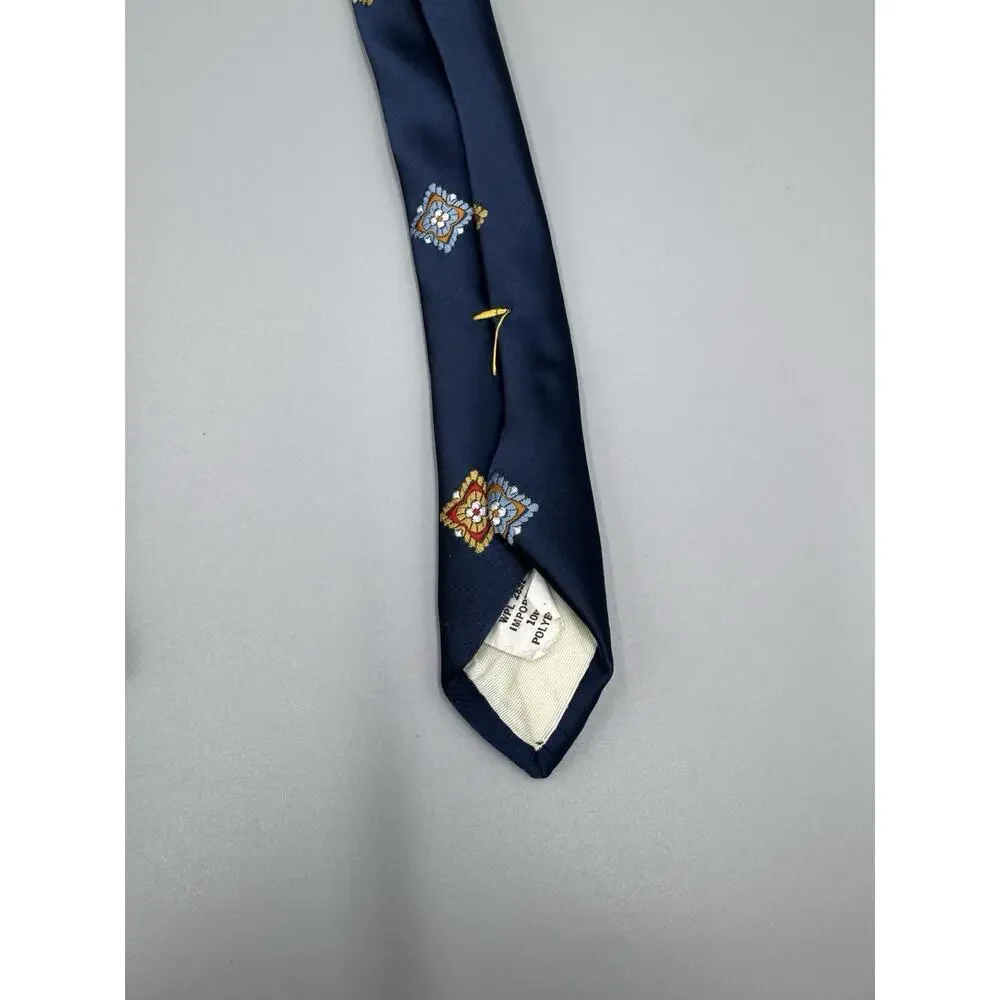 Vintage Johnny Carson Necktie Blue W/‎ Floral Geometric Designs 54” Total Length